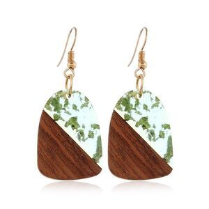 Modern Minimalistic Earrings Wood Resin two-tone Cut Out Dangle Green NEW